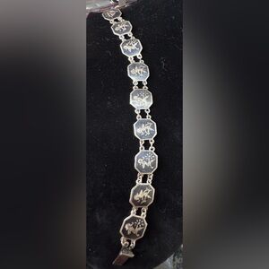 VINTAGE SIAM SILVER 9 PANEL DANCING GODDESS BRACELET 7.5” SIGNED K.A. ~16g